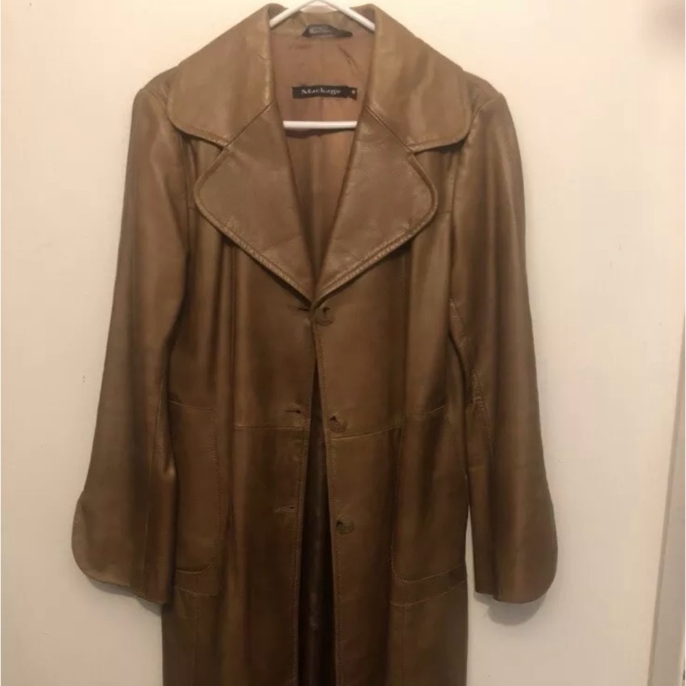 Vintage Mackage Coat Medium Brown Leather shell Jacket Long Designer